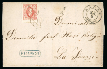 Stamp of Romania » United Principalities 1864-1865 Prince Cuza 20 Par red, good to very large margins, neatly tied by network hand stamp on folded cover to Jassy