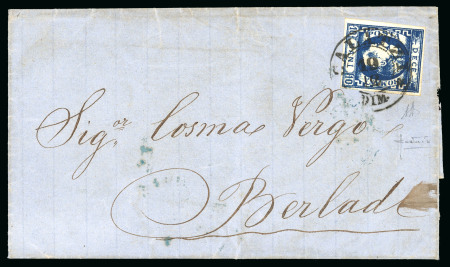 Stamp of Romania » King Carol 1869 - "Without Beard" Imperforate 10 bani indigo, good to large margins, tied "GALATZI/19.12"