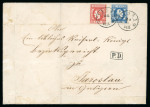Stamp of Romania » King Carol 1869 - "Without Beard" Imperforate 10 bani blue and 15 bani red, both neatly tied on large envelope "JASSY/26.9"