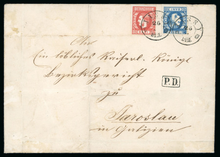 Stamp of Romania » King Carol 1869 - "Without Beard" Imperforate 10 bani blue and 15 bani red, both neatly tied on large envelope "JASSY/26.9"