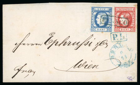 Stamp of Romania » King Carol 1869 - "Without Beard" Imperforate 10 bani blue and 15 bani red, close to large margins,