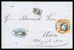 Stamp of Romania » King Carol 1869 - "Without Beard" Imperforate 25 bani orange and blue, good to large margins, neatly tied by "BUCURESTI/18.6" cds on 1870 folded cover to Vienna