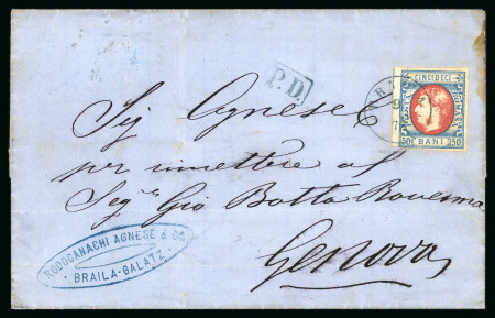 Stamp of Romania » King Carol 1869 - "Without Beard" Imperforate 50 bani blue and red, close to large margins, neatly tied 1872 cover from Braila to Genoa