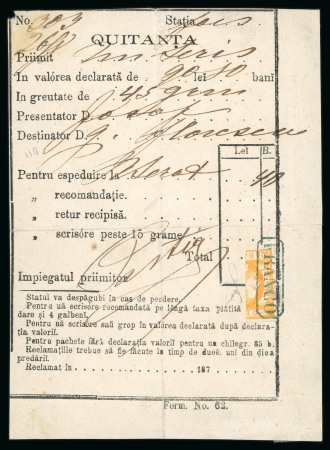 Stamp of Romania » King Carol 1871 - "With Beard" Imperforate 10 bani yellow-orange bisect on "Quitanta" postal receipt