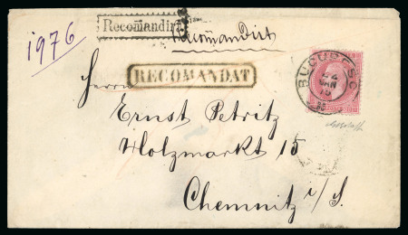 Stamp of Romania » 1872-79 Prince Carol I - Perforated 50 bani rose, on 1875 registered cover from Bucharest