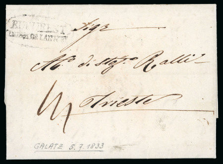 Stamp of Romania » Postal History » Disinfected Mail 1833 (5.7) Folded entire from Galatz to Trieste, showing
