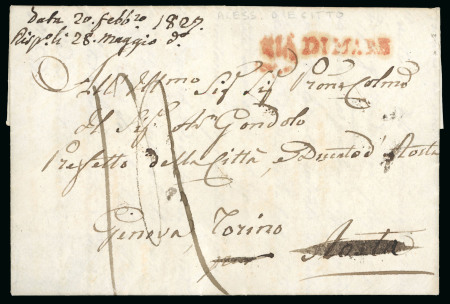 Stamp of Egypt » Early Letters 1827 Entire consular letter from Alexandria to Genova, bearing red s/l "VIA DI MARE" with Sardinian Consulate General oval cachet
