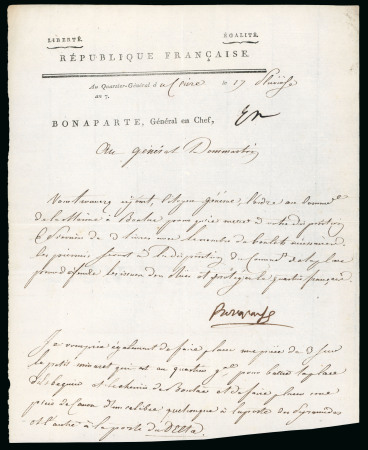 Stamp of Egypt » Napoleonic Campaign 1799 Complete letter signed by "Napoleon Bonaparte" to General Dommartin, informing him of the availability of "six 3-pound swivel guns with the necessary number of cannonballs."