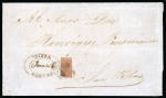 Stamp of Mexico 1861 8r black on red-brown, quadrisect tied to cover by superb strike of flower cancel