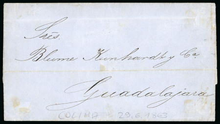 Stamp of Mexico 1861 8r black on red-brown, vertical bisect, tied by Colima
