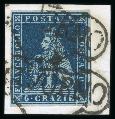 Stamp of Italian States » Tuscany 1851 6cr "indaco su azzuro", extremely fine copy with full to wide margins