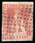 Stamp of Italian States » Tuscany 1851 1cr carmine, very fine stamp with four full margins