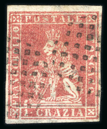 Stamp of Italian States » Tuscany 1851 1cr carmine, very fine stamp with four full margins