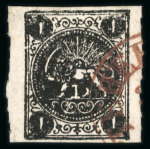 Stamp of Persia » 1868-1879 Nasr ed-Din Shah Lion Issues » 1875 Wide Spacing (SG 5-13) (Persiphila 5-9) 1sh. black, 2sh. grey-blue and 8sh. green, all used,