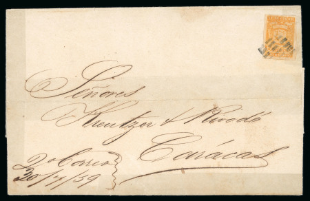 Stamp of Venezuela 1859 1/2r yellow, first fine impression, with very wide margins all. round, tied to cover