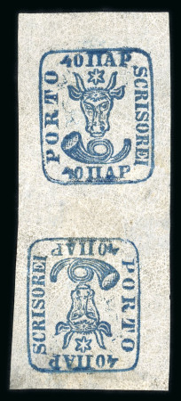 Stamp of Romania » 1858 (1st Nov.) - 1861 Moldavia - Handstruck at Jassy - Imperforate 1858 40pa blue on white paper, tête-bêche pair,