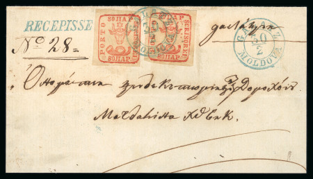Stamp of Romania » 1858 (1st Nov.) - 1861 Moldavia - Handstruck at Jassy - Imperforate 1858 80pa red on white paper, two singles tied to front of registered letter