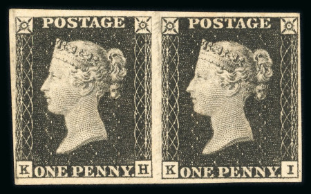 Stamp of Great Britain » 1840 1d Black and 1d Red plates 1a to 11 1840 1d. black, Pl. 1a., KH-KI, a magnificent horizontal mint pair