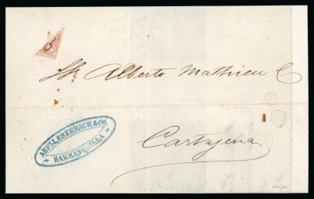 Stamp of Colombia » States - Bolivar 1872 10c red diagonal bisect, with fine margins, pen cancelled, on folded letter