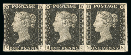 Stamp of Great Britain » 1840 1d Black and 1d Red plates 1a to 11 1840 1d black pl.2 SI-SK horizontal strip of three, good to very large margins all round, mint large part o.g.