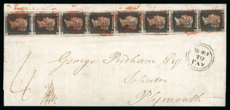 Stamp of Great Britain » 1840 1d Black and 1d Red plates 1a to 11 1840 1d black pl.4 BA-IA, vertical strip of eight tied by red Maltese Cross cancellation on 1840 (Sep 9) entire to Plymouth