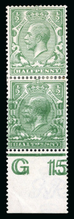 Stamp of Great Britain » King George V » 1912-24 Profile Head Issues 1912-14 1/2d green, a vertical pair from foot of the sheet with "G15" control showing variety partial double print