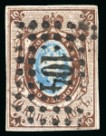 Stamp of Russia 1857 10k brown and blue, extremely fine copy with fine even margins, struck 104