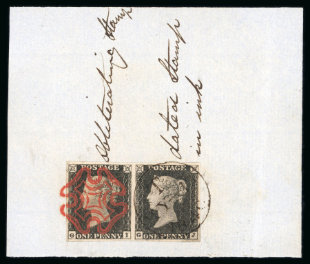 Stamp of Great Britain » Line Engraved Essays, Plate Proofs, Colour Trials and Reprints 1840 1d black pl.1a GI-GJ horizontal pair with trial cancellations on archive piece
