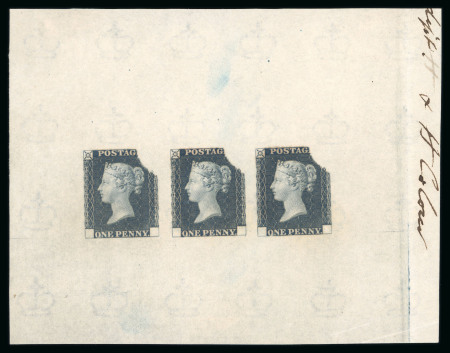 Stamp of Great Britain » Line Engraved Essays, Plate Proofs, Colour Trials and Reprints 1840 "Rainbow" Colour Trials: The first trial plate of three (May 1840) in blue-black on smaller crown watermark paper