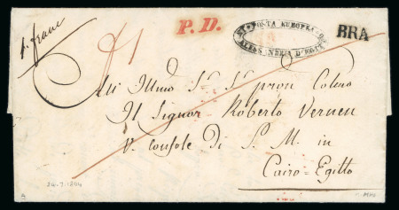 Stamp of Egypt » Posta Europea 1844 (24.7) Folded entire from Italy bearing Type I black "POSTA EUROPEA / IN ALESSANDRIA D'EGITTO" oval