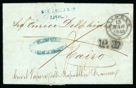 Stamp of Egypt » Posta Europea 1848 (13.5) Folded entire from Livorno to Cairo, struck in transit by Type I blue "POSTA EUROPEA / IN ALESSANDRIA D'EGITTO" oval