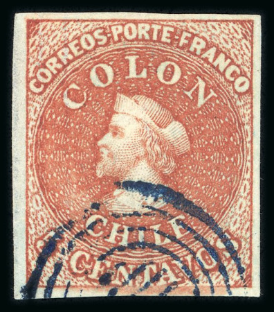 Stamp of Chile 1853 5c brown-red, London printing on blued paper, superb example