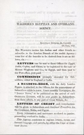 Stamp of Egypt » Private Carriers and Forwarding Agents 1840 Three page promotional printed circular of the Waghorn Egyptian and Overland Agency