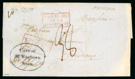 Stamp of Egypt » Private Carriers and Forwarding Agents 1839 (8.2) Folded lettersheet from London to Calcutta with oval "Care of Mr. Waghorn / Suez" hs (Smith Type 3) in black