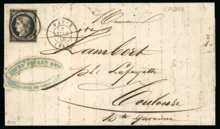 Stamp of France » Type Cérès de 1849-1850 1849, Cérès non dentelé 20 centimes noir Y&T n°3 sur