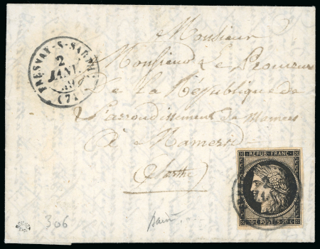 Stamp of France » Type Cérès de 1849-1850 1849, Cérès non dentelé 20 centimes noir Y&T n°3 sur lettre,