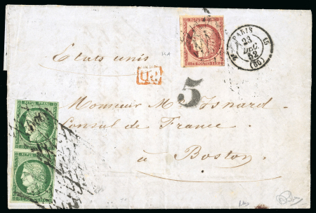 Stamp of France » Type Cérès de 1849-1850 1852 - Lettre pour les Etats Unis combinaison du n°2b 15