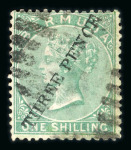 Stamp of Bermuda 1874 3d on 1s green, used, repainted and repaired