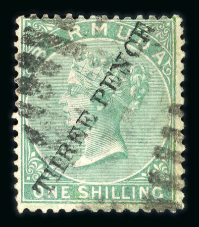 Stamp of Bermuda 1874 3d on 1s green, used, repainted and repaired