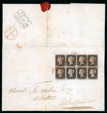 Stamp of Great Britain » 1840 1d Black and 2d Blue "May Dates" 1840 (May 13) entire letter from London to Glasgow with 1840 1d black pl.1a GE/HH block of eight