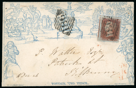 Stamp of Great Britain » 1840 Mulreadys & Caricatures » 2d Lettersheets and Envelopes 1840 2d Mulready envelope, forme 1 stereo a200, sent from Dublin to Kilkenny cancelled by a crisp Dublin "186" numeral bearing an additional 1d red-brown pl.71