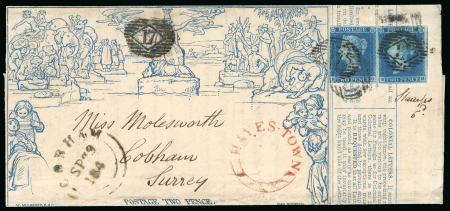 Stamp of Great Britain » 1840 Mulreadys & Caricatures » 2d Lettersheets and Envelopes 1840 2d Mulready Lettersheet uprated with two 1841 2d blue pl.3 tied by London "17" numerals