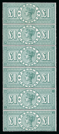 Stamp of Great Britain » 1855-1900 Surface Printed » 1887-1900 Jubilee Issue & 1891 £1 Green 1887-92 £1 green, ED-JD vertical strip of six, superb