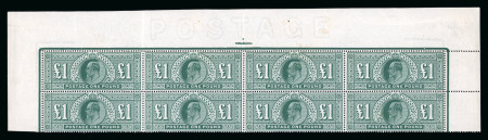 Stamp of Great Britain » King Edward VII » 1911-13 Somerset House Issues 1911 Somerset house £1 deep green pl.1b mint n.h. top marginal block of eight