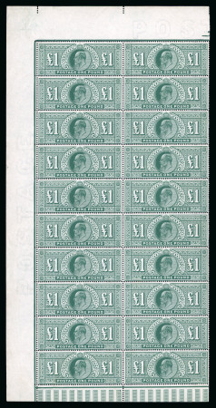 Stamp of Great Britain » King Edward VII » 1911-13 Somerset House Issues 1911 Somerset House £1 dull blue-green, an incredible mint vertical block of 20