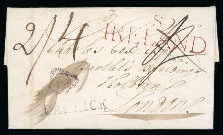 Stamp of Ireland » Pre-Stamp Postal History » Early Period - 1657-1784 1800 (August 31st) Folded entire showing a large London 2-line "S/IRELAND" in red