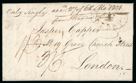 Stamp of Ireland » Pre-Stamp Postal History » Independant Post Office Period - 1784-1831 1808 (May 5th) Folded entire from USA with a Crowned double oval "SHIP LETTER / DERRY" hs