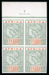 Stamp of British Empire General Collections and Lots » British Empire Essays "AFRICA" De La Rue dummy stamps, group of four 2 1/2d in matching top marginal blocks of four