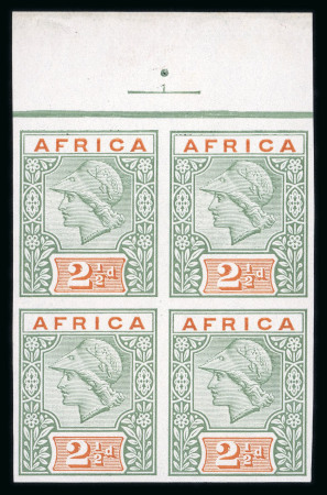 Stamp of British Empire General Collections and Lots » British Empire Essays "AFRICA" De La Rue dummy stamps, group of four 2 1/2d in matching top marginal blocks of four