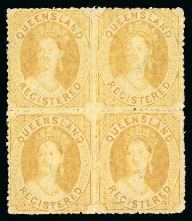 Stamp of Australia » Queensland 1860-61 rough perf.14-16 "RGISTERED" (6d) orange-yellow in mint l.h. block of four